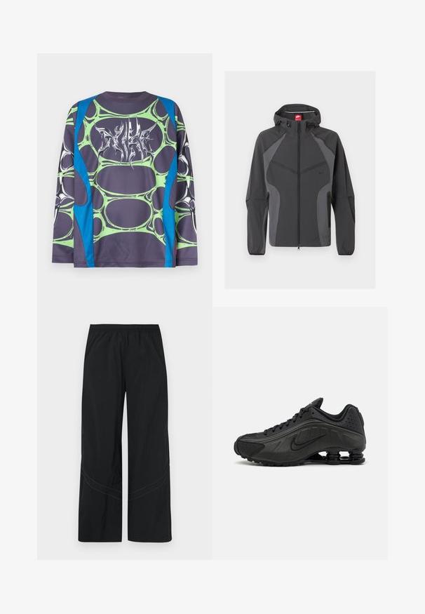 Σκούρο γκρι μπουφάν Nike με κουκούλα, πλήρης φερμουάρ εμπρός, τσέπες με φερμουάρ στα πλάγια και ελαστικές μανσέτες, εμφανίζεται σε λευκό φόντο.; Πουκάμισο με μακριά μανίκια από απαλό ύφασμα, με βάση σκούρου γκρι, πράσινα σχέδια που μοιάζουν με φυσαλίδες και μπλε λεπτομέρειες. Το εμπρός μέρος διαθέτει λευκό γραφικό με στυλιζαρισμένο σχέδιο.; Μαύρο παντελόνι με φαρδύ παντελόνι από ελαφρύ ύφασμα, με ελαστική μέση και διακριτική καμπυλωτή ραφή στο κάτω μέρος.; Μαύρα αθλητικά παπούτσια με λείο συνθετικό άνω μέρος, διάτρητες λεπτομέρειες, υφή στις πλευρές και ξεχωριστή ελαστική σόλα.