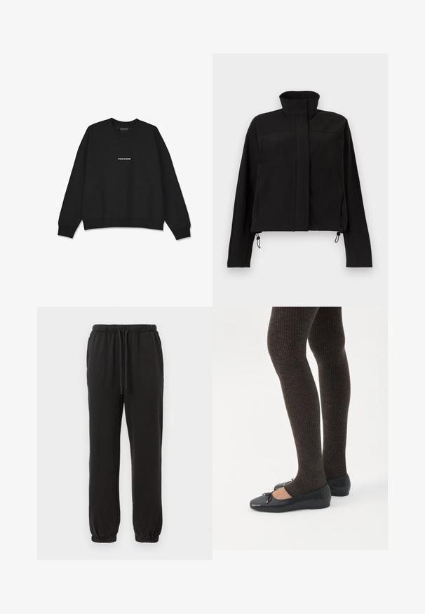 Sort langærmet jakke med høj krave, lynlås foran skjult af klap og justerbare snore i kanten.; Sort sweatshirt med rund halsudskæring og ribbede manchetter. Har hvid "PEGADOR" logo på fronten. Lavet af blødt stof med en afslappet pasform.; Sorte sweatpants med elastisk talje og snor. Manchetter ved anklerne. Fremstillet af blød jersey-stof med en glat tekstur.; Ben iført mørke ribbede leggings kombineret med sorte balletsko med små sløjfedetaljer på hvid baggrund.