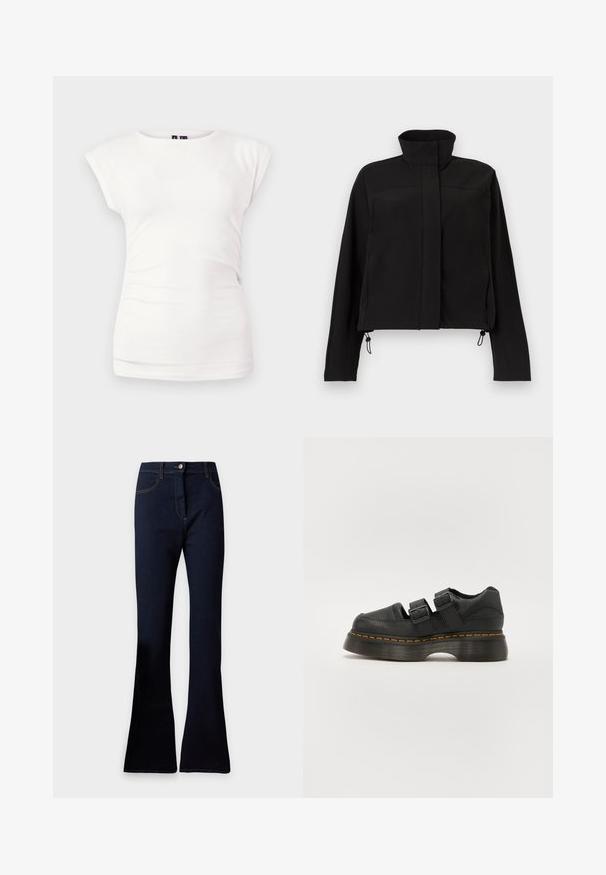 Veste noire à manches longues avec col montant, fermeture éclair avant dissimulée sous patte et cordons réglables à l'ourlet.; T-shirt blanc ajusté à manches courtes avec col rond sur fond uni, avec un léger détail froncé sur le côté.; Jeans évasés en denim bleu foncé avec poches avant, passants de ceinture et fermeture par bouton sur un fond uni.; Chaussure en cuir noir avec deux sangles réglables à boucle, semelle texturée surélevée et couture orange visible le long de la semelle intermédiaire.