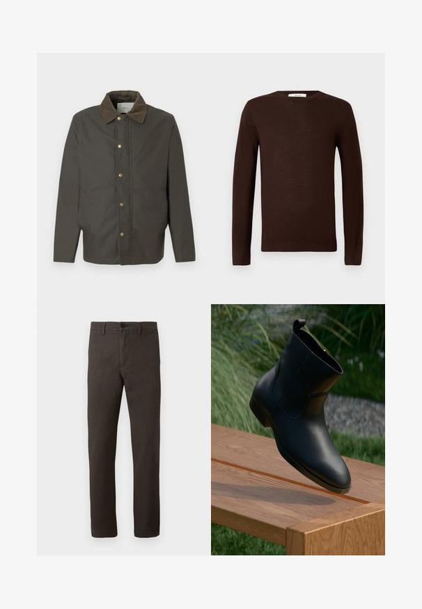 Dunkelbraune Jacke mit Cordkragen, vorderen Druckknöpfen und seitlichen Taschen, vor einem schlichten weißen Hintergrund präsentiert.; Dunkelbrauner langärmeliger Rundhalsausschnitt-Pullover mit gerippten Bündchen und Saum, auf einem schlichten weißen Hintergrund präsentiert.; Braune Hose aus einem strukturierten Stoff, mit geradem Bein, einem einzigen Knopfverschluss und minimalistischem Stil.; Schwarze Leder-Ankle-Boots mit Reißverschluss, positioniert an einem Ende einer polierten Holzbank im Freien, mit Gras und Steinen im Hintergrund.