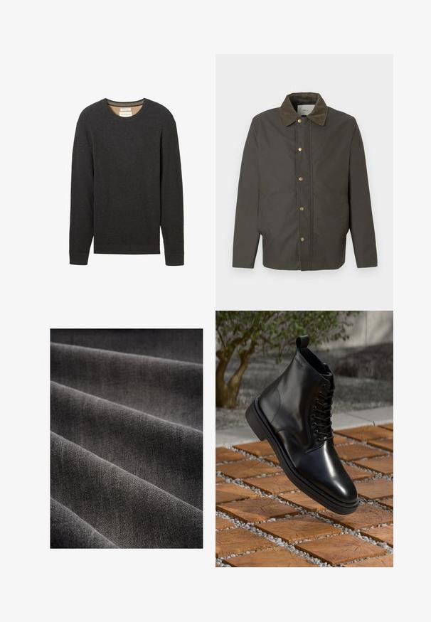 Mørkebrun jakke med kordfløjlskrage, forsyninger med trykknapper foran og sidelommer, præsenteret på en simpel hvid baggrund.; Sort ribbestrikket sweater med rund hals og lange ærmer. Teksturstof og et mærke synligt ved halsudskæringen.; Mørkegrå stof med en blød tekstur, præsenteret i folder. Væven er tætslået, hvilket viser en glat, ensartet overflade.; Sorte læder ankelstøver med en glat finish, snørebåndsdesign og en forhøjet bagløkke, svævende over en mønstret træsoberflade.