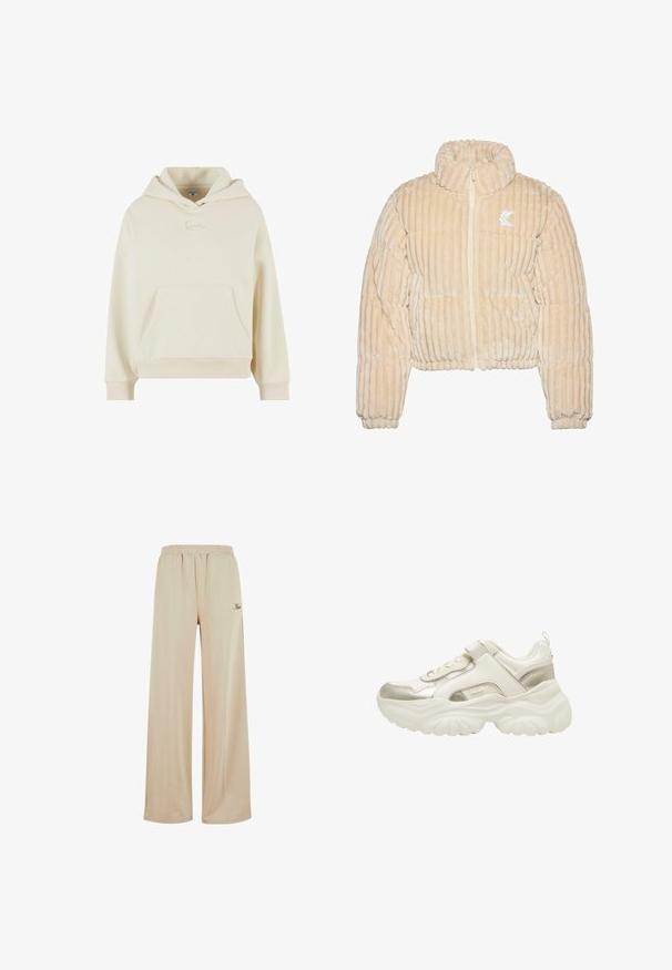 Puffy cropped jack in lichtbeige met verticale ribbelstructuur, hoge hals, front rits, elastische mouwen en logo-accent op de borst.; Crème hoodie gemaakt van zachte stof. Heeft een voorzak en een subtiel geborduurd logo. Relaxte pasvorm met ribbelboorden en -zoom.; Beige wijde broek gemaakt van zacht materiaal, met een elastische tailleband en details in de zijnaad. Bevat subtiele logo borduurwerk.; Witte sneaker met zilveren accenten, voorzien van een chunky zool, getextureerde panelen, veters aan de voorkant en een gevoerde rand. Opvallend ontwerp met een zijriem.