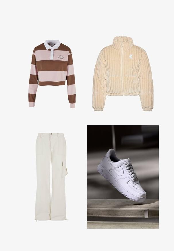 Puffy cropped jakke i lys beige med vertikal ribbet tekstur, høj krave, lynlås foran, elastiske manchetter og logo accent på brystet.; Brun og lyserød stribet langærmet polo shirt med hvid krave, har et logo patch og et cropped design. Blødt bomuldsmateriale.; Beige cargo bukser lavet af et let materiale, med en sidelomme, lige ben design og justerbare snorekanter.; Hvid Nike Air Force 1 sneaker svævende over en betonoverflade med skygger i et minimalistisk miljø.