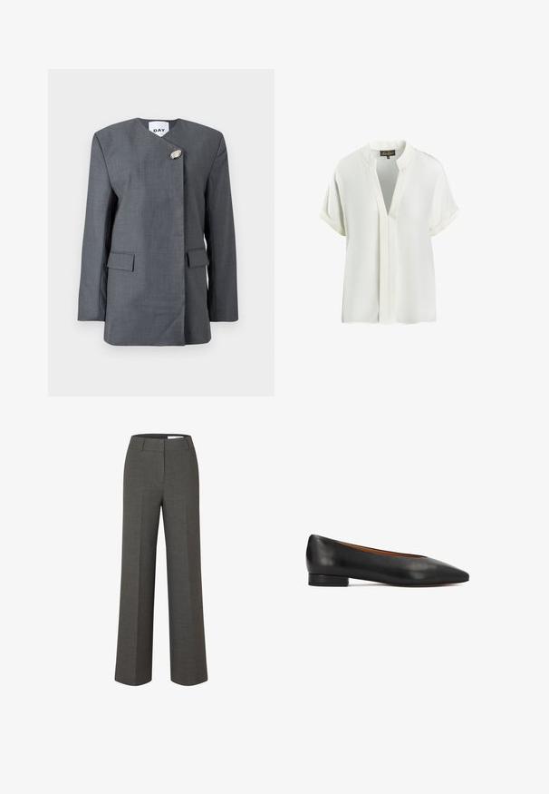 Grå blazer med en tekstureret finish, der har en diagonal lukning, en unik metaldetalje og to forlommer med klapper.; Kortærmet, kravet hvid bluse med V-hals, lavet af letvægtsstof, med et rent, minimalistisk design og oprullede manchetter.; Mørkegrå skræddersyede bukser med vide ben, frontbirl og taljebånd med bæltestropper på hvid baggrund.; Sort lædersko med flad hæl og spids tå, minimalistisk design, lav hæl og glat tekstur. Indersiden har en kontrastfuld tan-farvet foring.