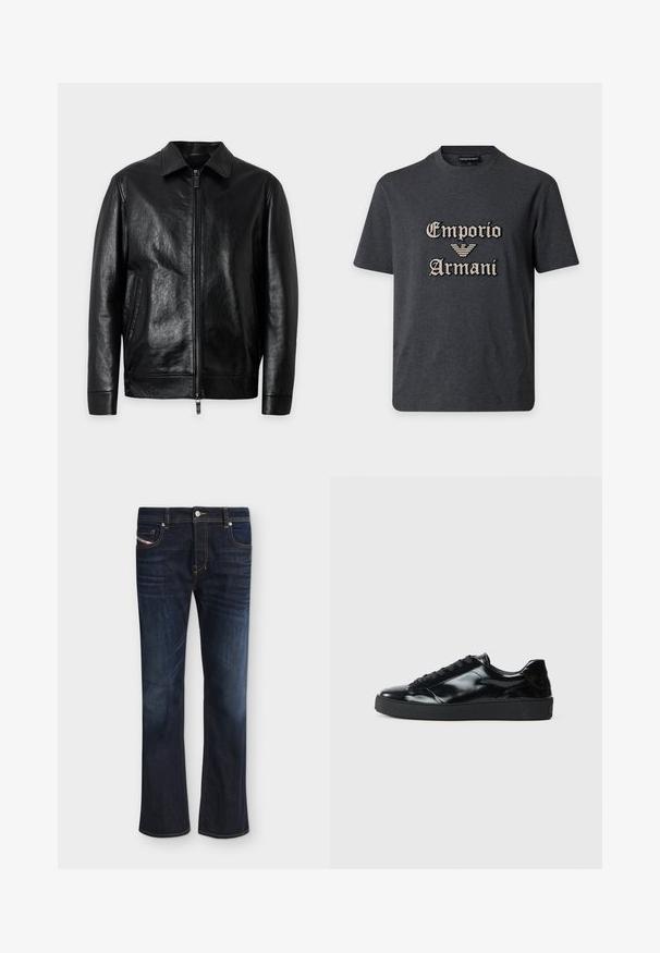 Veste en cuir noire avec fermeture éclair à l'avant, col, manches longues et poches latérales, présentée sur un fond clair uni.; T-shirt gris foncé à manches courtes et col rond avec le texte "Emporio Armani" et un logo d'aigle brodé en beige au centre devant.; Jean en denim bleu foncé avec légère décoloration aux cuisses, cinq poches, fermeture par bouton et fermeture éclair, coupe droite et coutures orange visibles.; Baskets en cuir verni noir avec un bout arrondi, un laçage, une semelle en caoutchouc texturé et une finition lisse.