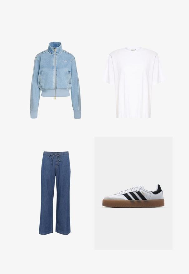 Svetlomodrá rifľová bunda na zips s rebrovanými manžetami a spodným lemom, vysokým golierom, bočnými vreckami, tromi pásmi na rukávoch, logom Adidas na prsiach.; Gestuz SAMURILLY - Základné tričko - bright white; Džínsy s širokými nohavicami a elastickým pásom, v stredne modrej farbe, s rovnými strihmi a diskrétnymi švovými detailmi.; Biele kožené tenisky s čiernymi pruhmi, gumová podrážka, okrúhla špička, šnurovanie a mäkký sivý semišový špička.