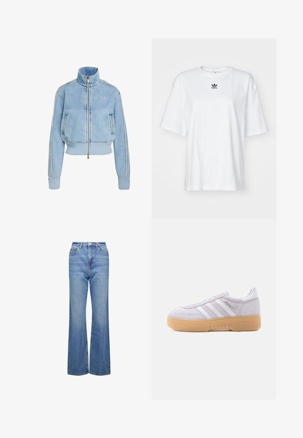 Chaqueta vaquera azul claro con cremallera, puños y dobladillo acanalados, cuello alto, bolsillos laterales, tres rayas en las mangas, logotipo de Adidas en el pecho.; Camiseta blanca de manga corta hecha de algodón. Cuenta con un cuello redondo y un pequeño logo negro de Adidas en el pecho. Dobladillo recto.; Jeans azules de talle alto y acampanados con una textura de mezclilla clásica, que cuentan con cinco bolsillos y cierre con cremallera. Diseño minimalista y detalles de costura.; Zapatilla Adidas de ante blanco con suela de goma, tres rayas blancas y texto "Spezial" en el lateral, vista desde el lado interior.