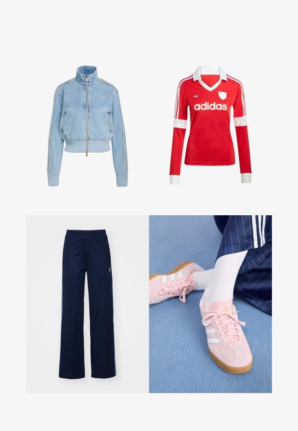 Svetlomodrá rifľová bunda na zips s rebrovanými manžetami a spodným lemom, vysokým golierom, bočnými vreckami, tromi pásmi na rukávoch, logom Adidas na prsiach.; Červený futbalový dres s dlhým rukávom a bielym golierom a manžetami. Na ramenách sú tri biele pruhy a výrazne zobrazené logo "adidas".; Námornícke nohavice z bavlneného zmesi s širokým strihom, elastickým pásom a zipsovými vreckami, s bielymi bočnými pruhmi a detailom loga.; Svetloružové semišové tenisky s bielymi pruhmi a šnúrkami, s textúrovaným jazykom a gumenou podrážkou, umiestnené na modrom koberci.