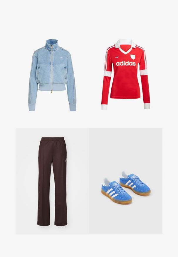 Lyseblå denim jakke med lynlås, ribstrikkede manchetter og kant, høj krave, sidelommer, tre striber på ærmerne, Adidas-logo på brystet.; Rød langærmet fodboldtrøje med hvid krave og manchetter. Har tre hvide striber på skuldrene og "adidas" logoet fremtrædende vist.; Brune træningsbukser med elastisk talje, to sidelommer og et lille logo på venstre side, lavet af et blødt stof.; Blå ruskinds sportsko med hvide stribede detaljer, gummisål og polstret krave for komfort. Har klassisk snørebåndsdesign.