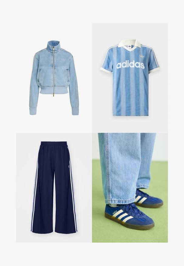 Svetlomodrá rifľová bunda na zips s rebrovanými manžetami a spodným lemom, vysokým golierom, bočnými vreckami, tromi pásmi na rukávoch, logom Adidas na prsiach.; Svetlomodré polokošeľa s krátkym rukávom s vertikálnymi pruhmi, bielymi akcentmi a výrazným bielym logom „adidas“ na prednej strane.; adidas Originals PANT - Tepláky - night indigo; Modré semišové tenisky s bielymi pruhmi a textúrovanými vzormi, obuté s svetlomodrými džínsami, na pozadí zelenej farby.