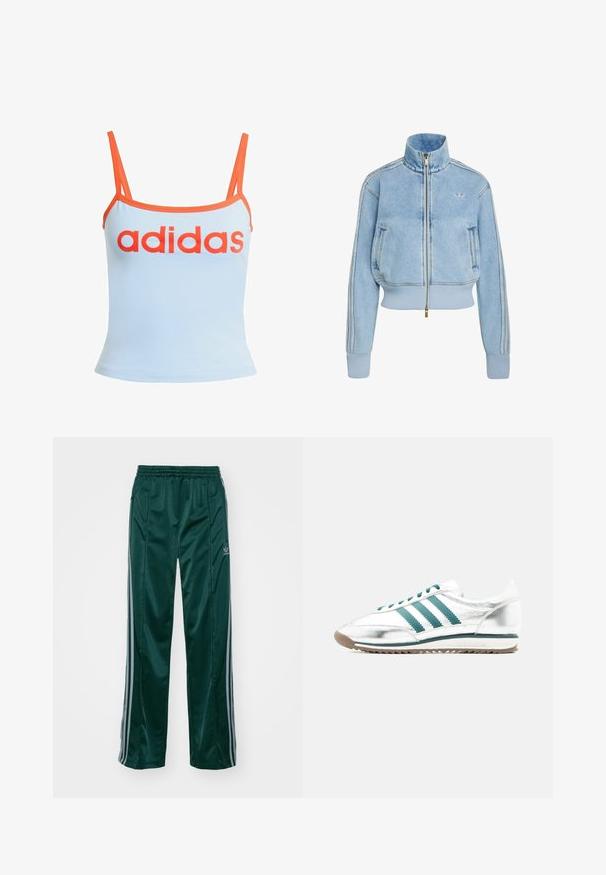 Chaqueta vaquera azul claro con cremallera, puños y dobladillo acanalados, cuello alto, bolsillos laterales, tres rayas en las mangas, logotipo de Adidas en el pecho.; Camiseta sin mangas de color azul claro con ribete naranja, que presenta un atrevido logotipo rojo de "adidas" en el pecho. Hecha de una tela suave y elástica. Tirantes finos.; Pantalones deportivos de color verde oscuro, hechos de un material brillante, con franjas laterales en gris claro y un logotipo bordado en la pierna izquierda.; Zapatilla deportiva baja blanca y plateada con rayas verdes, cordones verdes, suela blanca y suela exterior de goma, mostrada de lado sobre un fondo liso.