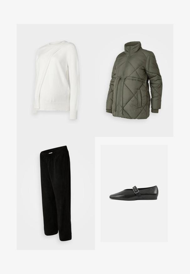 Veste matelassée en vert olive, avec un col haut, une fermeture éclair à l'avant, des poignets élastiques et un cordon de serrage ajustable à la taille.; Pull blanc à manches longues avec un col rond, présentant un design plié en diagonale à l'avant et des bords côtelés aux poignets et à l'ourlet. Matériau doux.; Pantalon en velours côtelé noir avec une coupe décontractée, doté d'une taille élastique et d'une longueur cropped. Texture douce avec un motif de côtes verticales.; Chaussure plate en cuir noir avec un orteil pointu, présentant une sangle à boucle métallique sur le cou-de-pied et une semelle basse et flexible.