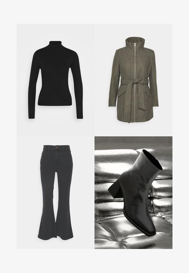 Vero Moda Petite VMPOPALLY ZIP - Klassisk frakke - peat melange; Sort turtleneck sweater med lange ærmer, lavet af et glat strikket stof. Har et tætsiddende design og en ribbet krave.; Sorte, flagrende jeans lavet af denim med høj talje, fem-lomme design og en split-åbning i bunden for ekstra detaljer.; Sorte ankelstøvler lavet af glossy materiale med firkantet tå og spidse hæle, sat mod en skinnende sølv tuftet baggrund.