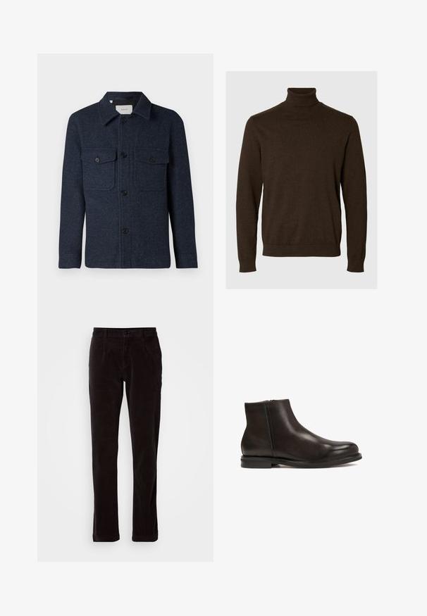 Veste en laine bleu marine à manches longues, avec un devant à boutons, deux poches poitrine à boutons et un col.; Pull à col roulé en tricot à manches longues marron foncé avec poignets et ourlet côtelés sur un fond neutre.; Pantalons en velours côtelé marron foncé à jambes droites avec poches avant, passants de ceinture, fermeture à bouton et braguette zippée sur fond clair.; Bottine en cuir noir avec une texture lisse, bout arrondi et un petit talon. Dispose d'une fermeture éclair sur le côté pour un enfilage facile.