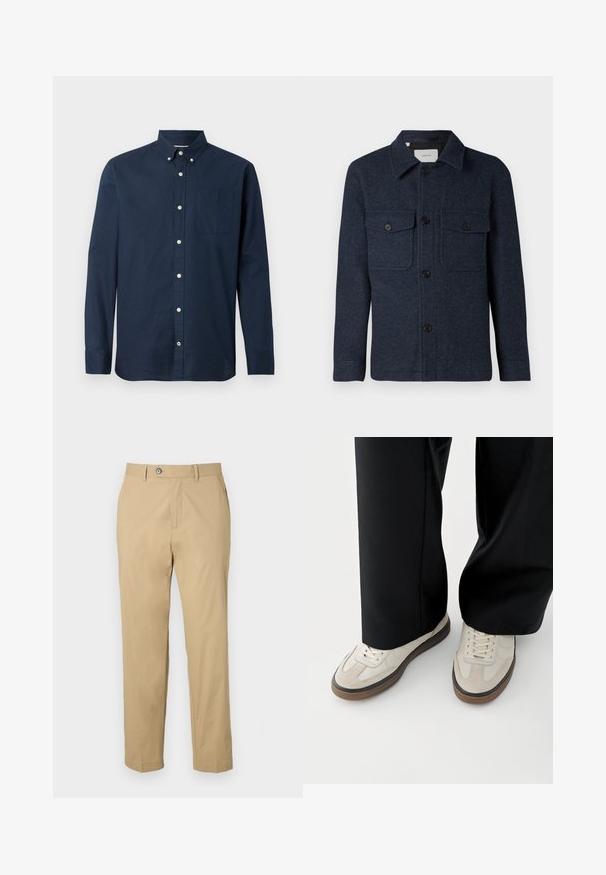 Chaqueta de lana azul oscuro con mangas largas, cierre de botones en la parte delantera, dos bolsillos en el pecho con botón y un collar.; Camisa de manga larga de color azul marino hecha de una tela ligera, con cuello de camisa, bolsillo frontal y botones blancos. Textura suave.; Pantalones beige de mezcla de algodón con un diseño de pierna recta, bolsillos frontales y cierre de botón. Textura suave y dobladillos con puños.; Pies con zapatillas beige con suelas marrones y pantalones negros de pierna ancha sobre un fondo blanco.