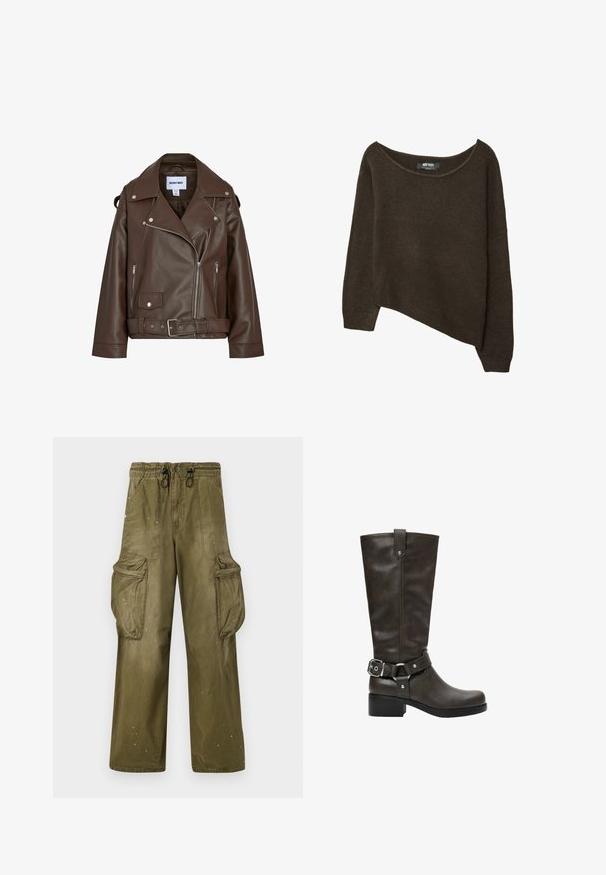 Bruine bikerjas van imitatieleer met brede revers, ritssluitingen aan de zakken, riem in de taille en zilverkleurige metalen details.; Bruine, losgebreide trui met een asymmetrische zoom en een brede halslijn. Zachte textuur met geribbelde manchetten en een label aan de binnenkant van de halslijn.; Olijfgroene cargobroek met een relaxte pasvorm, elastische tailleband, trekkoord, twee zijzakken en twee grote cargozakken. Licht verouderd.; Donkerbruine leren laars tot halverwege de kuit met een lage blokhak en een decoratieve band met zilveren gesp rond de enkel.