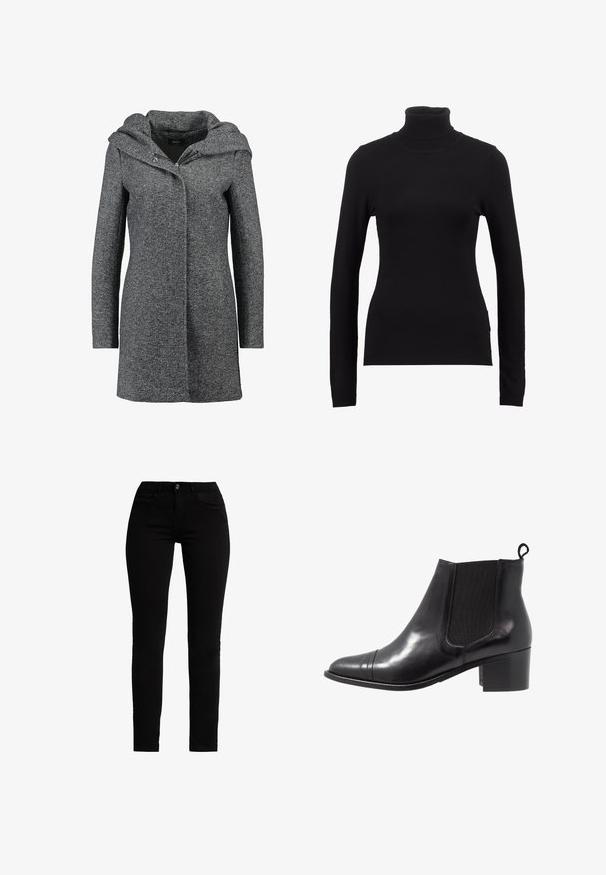 Grau melierter Wollmischmantel mit Kapuze, Frontreißverschluss und zwei Seiten Taschen. Verfügt über einen strukturierten Stoff und ein gerades Design.; Schwarzer Rollkragenpullover aus weichem Stoff mit langen Ärmeln und einer figurschmeichelnden Silhouette. Schlichtes Design ohne sichtbare Muster oder Verzierungen.; Schwarze Skinny-Jeans aus Denim mit klassischem Fünf-Taschen-Design, Reißverschluss und kontrastierenden Nähten.; Schwarze Leder-Ankle-Boots mit elastischen Seiteneinsätzen, runder Zehenpartie und strukturiertem Blockabsatz. Mit einer Schlaufe an der Rückseite für ein einfaches An- und Ausziehen.