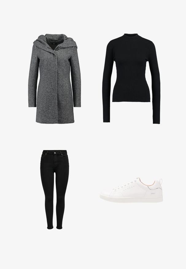 Grå uldblandingsfrakke med hætte, frontlynlås og to sidelommer. Har et struktureret stof og en lige snit.; Sort ribbet turtleneck sweatertype med lange ærmer og en tætsiddende pasform, der har en glat tekstur og en struktureret silhuet.; Sorte højtaljede skinny jeans med forreste knap, bæltestropper og fem-lomme design, vist mod en hvid baggrund.; Hvide lædersneakers med rund tå, seks snørehuller, perforerede detaljer, subtile plastdetaljer og en struktureret gummisål.