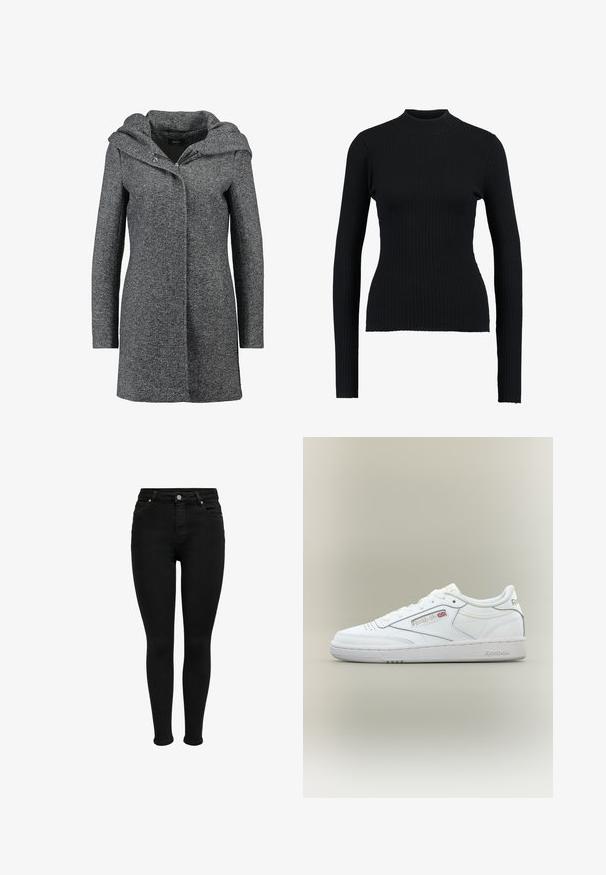 Grau melierter Wollmischmantel mit Kapuze, Frontreißverschluss und zwei Seiten Taschen. Verfügt über einen strukturierten Stoff und ein gerades Design.; Schwarzer gerippter Rollkragenpullover mit langen Ärmeln und enger Passform, der eine glatte Textur und eine strukturierte Silhouette aufweist.; Schwarze hochtaillierte Skinny-Jeans mit vorderem Knopf, Gürtelschlaufen und Fünf-Taschen-Design, vor einem weißen Hintergrund gezeigt.; Weißer Reebok Low-Top Sneaker mit Nahtdetails, Perforationen nahe den Zehen und Reebok-Logo mit kleinem Union Jack an der Seite.