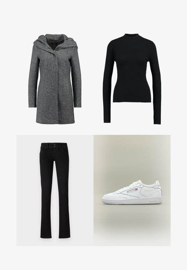 Manteau en mélange de laine gris avec une capuche, fermeture éclair à l'avant et deux poches latérales. Présente un tissu texturé et un design droit.; Pull à col roulé noir à côtes, avec manches longues et une coupe ajustée, présentant une texture lisse et une silhouette structurée.; Jeans slim-fit noirs avec deux poches avant, passants de ceinture et fermeture à double bouton, présentés sur un fond blanc uni.; Baskets basses blanches Reebok avec détails de couture, perforations près des orteils et logo Reebok avec un petit Union Jack sur le côté.