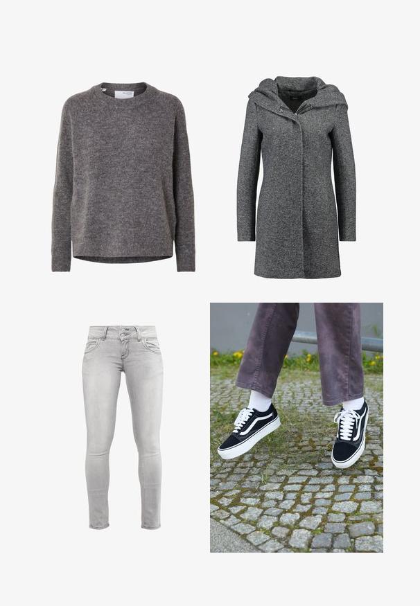 Grijze wollen mixjas met een capuchon, voorrits en twee zijzakken. Heeft een textuurstof en een recht gesneden ontwerp.; Damesgrijze wollen trui met lange mouwen, ronde hals, geribde manchetten en zoom, gelabeld Selected Femme.; Lichtgrijze skinny jeans gemaakt van denim, met een gladde textuur, dubbele knoopsluiting en voorzakken met gebogen naden.; Zwarte suède sneakers met witte accenten, met een ronde neus, dikke witte zool en klassieke vetersluiting, gedragen met witte sokken en paarse broek.