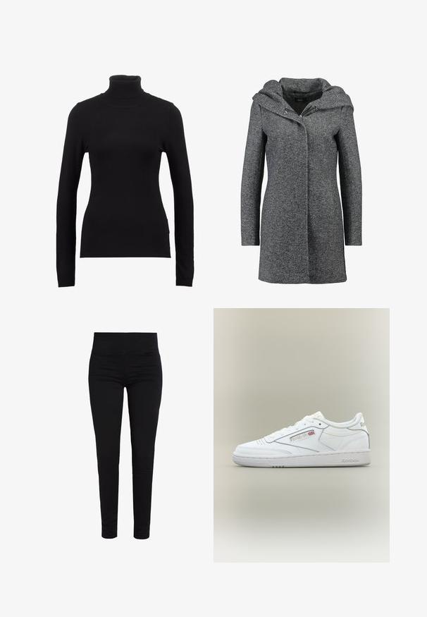 Grå uldblandingsfrakke med hætte, frontlynlås og to sidelommer. Har et struktureret stof og en lige snit.; Sort turtleneck sweater lavet af blød stof, med lange ærmer og en tætsiddende silhuet. Enkel design uden synlige mønstre eller dekorationer.; Sorte leggings lavet af et glat, strækbart stof, med en bred, elastisk taljebånd og en slim fit, der bliver smallere ved anklerne. Ingen synlige lukninger.; Hvid Reebok low-top sneaker med syningsdetaljer, perforeringer nær tæerne og Reebok-logo med et lille Union Jack på siden.