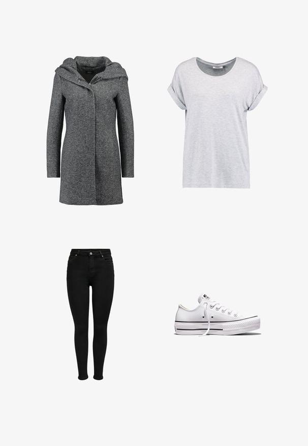 Manteau en mélange de laine gris avec une capuche, fermeture éclair à l'avant et deux poches latérales. Présente un tissu texturé et un design droit.; T-shirt gris clair à manches courtes avec un col rond et des ourlets roulés, fabriqué en tissu doux, présentant une coupe décontractée et un design minimaliste.; Jean skinny noir taille haute avec bouton à l'avant, passants de ceinture et design à cinq poches, présenté sur fond blanc.; Baskets basses en toile blanche avec lacets blancs, semelle en caoutchouc, détails à rayures noires, et écusson logo sur la languette et le talon.