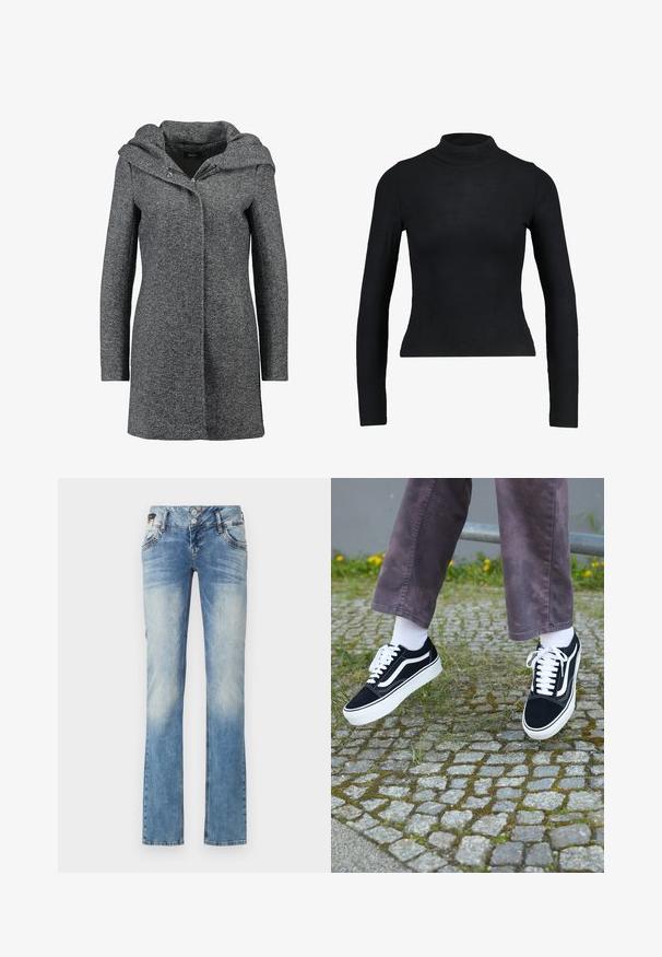 Grijze wollen mixjas met een capuchon, voorrits en twee zijzakken. Heeft een textuurstof en een recht gesneden ontwerp.; Zwart langemouwen turtleneck top gemaakt van ribbelstof, met een aansluitend ontwerp en slanke silhouette. Geen patronen of accenten.; Lichtblauwe denim jeans met een rechte pijp, voorzien van een vijfknopen sluiting, voorzakken en subtiele vervagingdetails.; Zwarte suède sneakers met witte accenten, met een ronde neus, dikke witte zool en klassieke vetersluiting, gedragen met witte sokken en paarse broek.