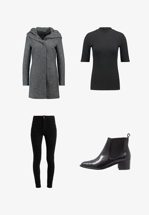 Manteau en mélange de laine gris avec une capuche, fermeture éclair à l'avant et deux poches latérales. Présente un tissu texturé et un design droit.; T-shirt noir à côtes avec un col montant et des manches courtes. Design lisse et ajusté sans motifs ni détails matériels visibles.; Jean skinny noir en denim, avec une taille haute, un design à cinq poches et une fermeture à bouton. Texture lisse, sans motifs visibles.; Botte de cheville en cuir noir avec des panneaux élastiques sur les côtés, bout rond et talon en bloc texturé. Dispose d'une languette en boucle à l'arrière pour un enfilage facile.