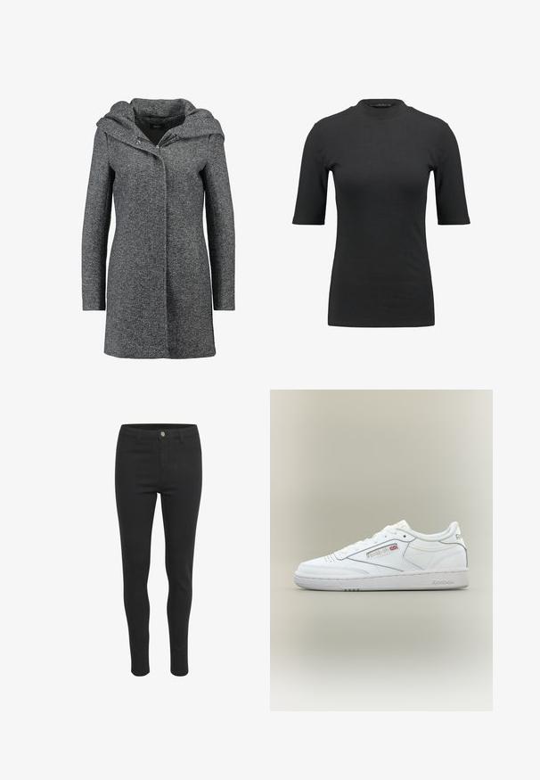 Grå uldblandingsfrakke med hætte, frontlynlås og to sidelommer. Har et struktureret stof og en lige snit.; Sort ribbet t-shirt med høj hals og korte ærmer. Glat, tætsiddende design uden mønstre eller synlige hardwaredetaljer.; Sorte skinny jeans med en glat stofstruktur, der har en frontknaplukning, fem lommer og et tætsiddende design.; Hvid Reebok low-top sneaker med syningsdetaljer, perforeringer nær tæerne og Reebok-logo med et lille Union Jack på siden.