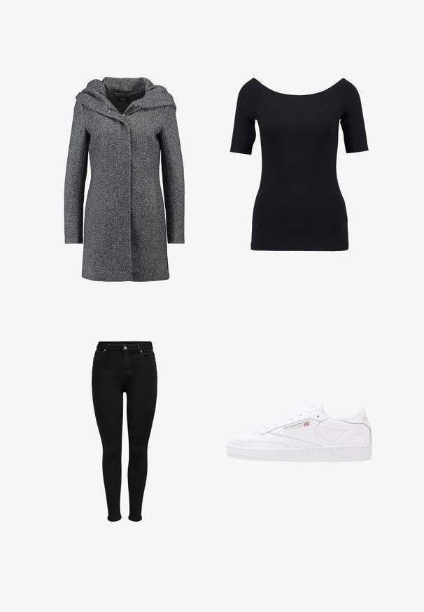 Grå uldblandingsfrakke med hætte, frontlynlås og to sidelommer. Har et struktureret stof og en lige snit.; Sort kortærmet top med off-the-shoulder halsudskæring, tætsiddende design og glat tekstur. Ingen synlige mønstre eller hardwaredetaljer.; Sorte højtaljede skinny jeans med forreste knap, bæltestropper og fem-lomme design, vist mod en hvid baggrund.; Hvide lædersneakers med lavt design, snørebåndslukning, struktureret sidepanel og præget Reebok-logo. Gummisål.