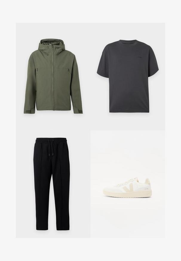 Veste vert olive avec fermeture éclair, capuche réglable et deux poches avant zippées. Design minimaliste avec tissu texturé.; T-shirt à col rond gris foncé à manches courtes avec un petit logo discret sur la poitrine gauche, présenté sur fond blanc.; Pantalons de survêtement noirs avec cordon de serrage, une taille élastique et des coutures subtiles à l'avant, présentés sur un fond blanc.; Sneaker blanche avec des accents beiges, présentant un dessus texturé, un bout rond et une semelle en caoutchouc épaisse. Le design inclut le logo V iconique et le branding.