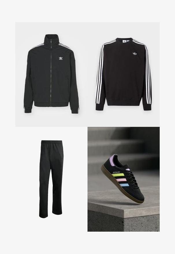 Sort jakke med høj krave, lynlås lukning og to sidelommer. Hvite tre-stribe accenter på ærmerne og lille logo på brystet.; Sort Adidas sweatshirt med hvide tre striber ned ad ærmerne og lille hvid trekløverlogo på venstre bryst.; Sorte træningsbukser med en komfortabel elastisk livline, to sidelommer og et glat, let stof. Har diskrete logo detaljer.; Sort Adidas Spezial sneaker med pastelgule, pink og blå striber, lavendel hælstrop og brun sål, svævende over betonforkant.