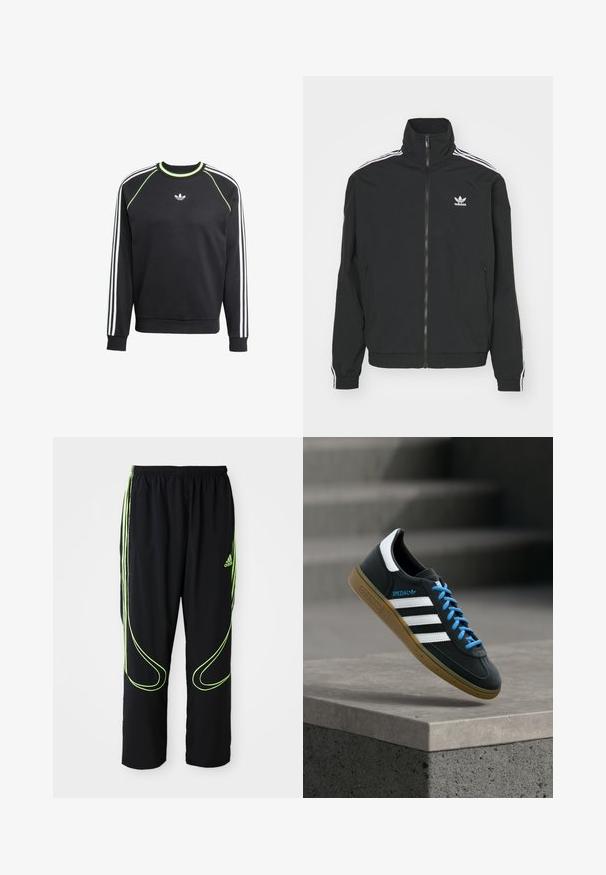 Sort jakke med høj krave, lynlås lukning og to sidelommer. Hvite tre-stribe accenter på ærmerne og lille logo på brystet.; Sort sweatshirt med hvidt tre-stribesdesign på ærmerne og limegrønne detaljer. Har rund halsudskæring og et lille logo på brystet.; Sorte Adidas sportbukser med neongrønne buede linjer og tre striber på siderne, elastisk livrem og Adidas-logo på forsiden af låret.; Sort Adidas sneaker med hvide striber, blå snørebånd og gummisål, der svæver over gråt betontrin i blødt lys.