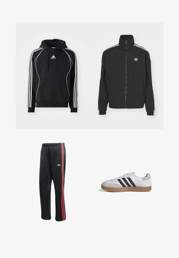 Veste noire à col montant, fermeture éclair et deux poches latérales. Accents blancs à trois bandes sur les manches et petit logo sur la poitrine.; Haut à capuche noir Adidas avec des rayures blanches sur les manches, un passepoil blanc sur le devant, une poche kangourou à l'avant et un cordon de serrage pour la capuche.; Pantalon de sport noir avec texture côtelée verticale, doté de bandes latérales rouges et blanches ainsi qu'un petit logo blanc sur la jambe gauche.; Baskets blanches avec des rayures noires, bout et talon en suède gris, semelle en gomme naturelle, vues de profil sur fond blanc.