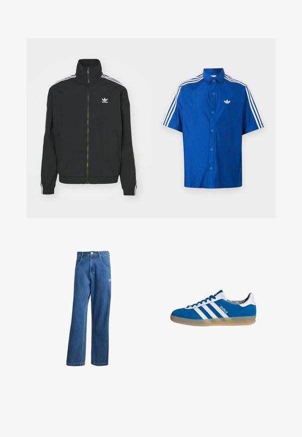 Chaqueta negra con cuello alto, cierre de cremallera y dos bolsillos laterales. Acentos de tres rayas blancas en las mangas y pequeño logotipo en el pecho.; Camisa azul de manga corta con botones, con el logo blanco de Adidas en el pecho y tres franjas blancas que recorren los hombros y las mangas.; Vaqueros de mezclilla anchos de talle alto en azul, con bolsillos frontales, presillas para cinturón, cierre de botón y pequeño logo de Adidas en el muslo derecho.; Zapatilla Adidas Gazelle azul y blanca con suela de goma y tres franjas blancas, vista desde un lado sobre un fondo blanco.