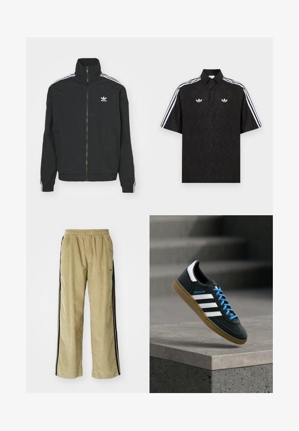 Sort jakke med høj krave, lynlås lukning og to sidelommer. Hvite tre-stribe accenter på ærmerne og lille logo på brystet.; Sort kortærmet skjorte med knapper og et subtilt flammemønster, hvide Adidas trefoil-logoer på brystet og hvide tre striber på ærmerne.; Beige fløjsbukser med elastisk talje, der har sorte side-striber. Stoffet har en ribbet tekstur og er let flagrende forneden.; Sort Adidas sneaker med hvide striber, blå snørebånd og gummisål, der svæver over gråt betontrin i blødt lys.