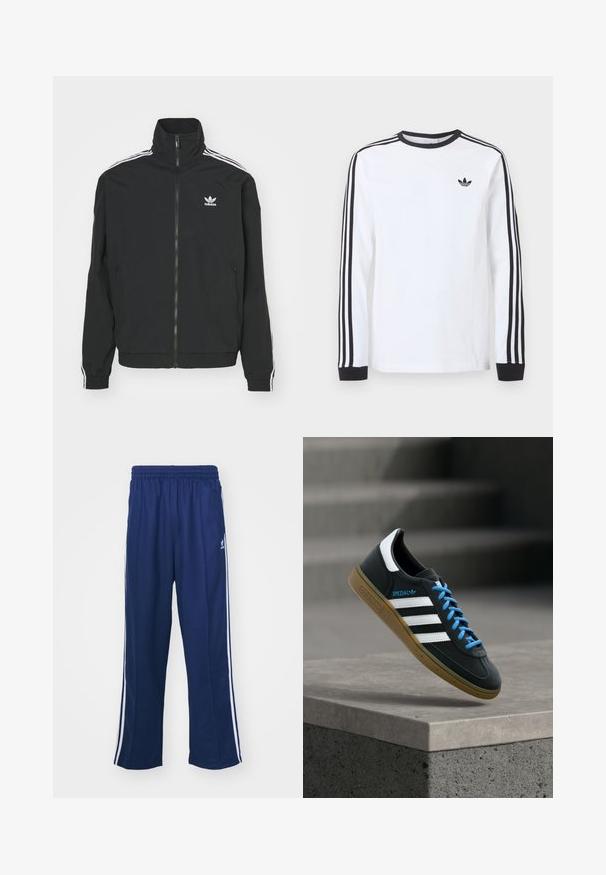 Chaqueta negra con cuello alto, cierre de cremallera y dos bolsillos laterales. Acentos de tres rayas blancas en las mangas y pequeño logotipo en el pecho.; Camiseta blanca de manga larga de Adidas con cuello redondo negro, puños negros, tres rayas negras a lo largo de las mangas y logo negro de trébol en el pecho.; Pantalones deportivos en azul marino con un corte relajado, que presentan franjas laterales blancas y una cintura elástica. Tejido suave, sin patrones visibles ni herrajes.; Zapatilla negra Adidas con franjas blancas, cordones azules y suela de goma flotando sobre un escalón de hormigón gris con luz suave.