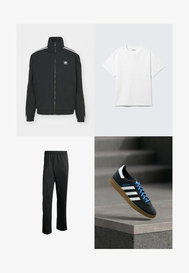 Sort jakke med høj krave, lynlås lukning og to sidelommer. Hvite tre-stribe accenter på ærmerne og lille logo på brystet.; Hvid kortærmet crewneck T-shirt lagt fladt ud, ensfarvet design, med "WEEKDAY" mærkat inde i kraven på en lys baggrund.; Sorte træningsbukser med en komfortabel elastisk livline, to sidelommer og et glat, let stof. Har diskrete logo detaljer.; Sort Adidas sneaker med hvide striber, blå snørebånd og gummisål, der svæver over gråt betontrin i blødt lys.