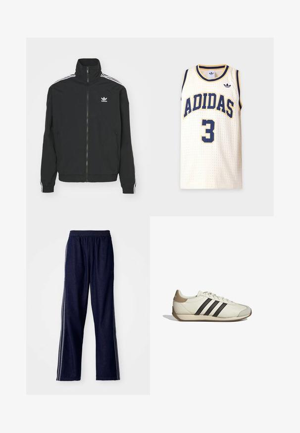 Veste noire à col montant, fermeture éclair et deux poches latérales. Accents blancs à trois bandes sur les manches et petit logo sur la poitrine.; Maillot de sport Adidas sans manches en mesh blanc avec des bordures bleu marine et jaune, numéro trois bleu marine et logo Adidas sur la poitrine.; Pantalon de sport bleu marine avec une taille élastique, comportant trois bandes latérales blanches et une coupe droite. Texture en denim doux.; Baskets en cuir blanc avec trois bandes noires, un bout de talon beige et un bout de pied texturé gris. Surface lisse avec une semelle en gomme.