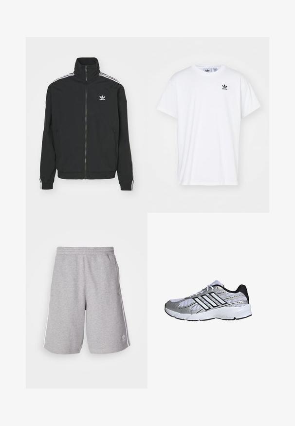 Sort jakke med høj krave, lynlås lukning og to sidelommer. Hvite tre-stribe accenter på ærmerne og lille logo på brystet.; Hvid bomulds T-shirt med korte ærmer, rund halsudskæring og et sort Adidas-logo med tre striber på venstre brystområde.; Grå sportshorts lavet af en blanding af bomuldsstof. Har sidelommer, elastisk talje og hvide sidestriber. Klassisk design.; Mesh atletik sko i hvid og sølv, med sorte detaljer, tre hvide striber logo, polstret krave og tekstureret gummisål.