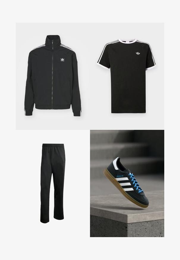 Sort jakke med høj krave, lynlås lukning og to sidelommer. Hvite tre-stribe accenter på ærmerne og lille logo på brystet.; Sort t-shirt lavet af bomuld med hvide accenter. Har korte ærmer, raglan-design og et lille logo på brystet. Tre hvide striber på skuldrene.; Sorte træningsbukser med en komfortabel elastisk livline, to sidelommer og et glat, let stof. Har diskrete logo detaljer.; Sort Adidas sneaker med hvide striber, blå snørebånd og gummisål, der svæver over gråt betontrin i blødt lys.