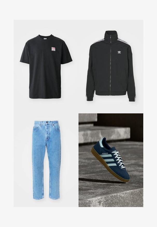 Sort jakke med høj krave, lynlås lukning og to sidelommer. Hvite tre-stribe accenter på ærmerne og lille logo på brystet.; Sort bomuld t-shirt med rund hals, korte ærmer og et lille farvet mærke på venstre bryst med ordet "SUPERIOR."; Lyseblå denimjeans har en lige ben-design, fem lommer og en klassisk knaplukning i taljen.; Blå Adidas Spezial sneaker med hvide striber og snørebånd, gummisål, svævende over en ru betongoverflade og trin i baggrunden.