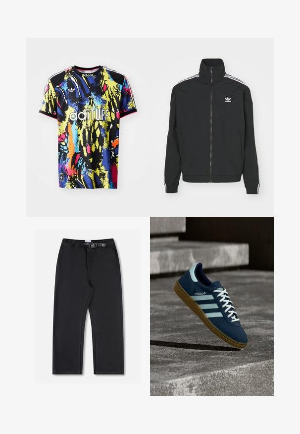 Musta takki, jossa on korkea kaulus, vetoketjusuljenta ja kaksi sivutaskua. Valkoiset kolmiraitaiset yksityiskohdat hihoissa ja pieni logo rinnassa.; Monivärinen adidas-urheilu paita, jossa on elävä abstrakti kuvio, lyhyet hihat, pyöreä kaula-aukko ja "adituff"-logo edessä.; Mustat suorat housut, joissa on joustava vyötärönauha ja sivulla soljellinen kiinnitys, esitetty valkoisella taustalla.; Sininen Adidas Spezial -tenissukat valkoisilla raidoilla ja nauhoilla, kumipohjalla, leijuu karhean betonipinnan ja portaiden yläpuolella taustalla.
