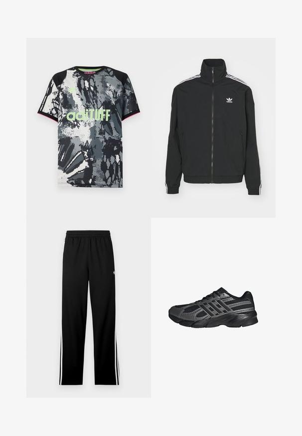 Chaqueta negra con cuello alto, cierre de cremallera y dos bolsillos laterales. Acentos de tres rayas blancas en las mangas y pequeño logotipo en el pecho.; Camiseta deportiva de manga corta y cuello redondo con un estampado abstracto en negro, blanco y gris; presenta un logo "adiTUFF" en verde neón y acentos en rosa.; Pantalones deportivos negros de tela de malla, con un diseño de corte recto, cinturilla elástica y rayas laterales blancas. Se muestra un logo deportivo.; Zapatillas deportivas negras hechas de malla y materiales sintéticos, que presentan una superficie texturizada, múltiples rayas grises y un collar acolchado.