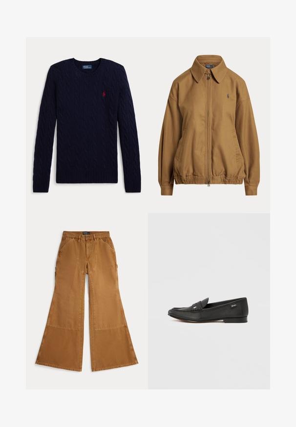Brun lynlåstrøje med krave, elastisk kant, sidelommer og lille broderet logo på venstre bryst.; Mørkeblå kabelstrikket sweater med lange ærmer, rund hals, ribbede manchetter og kant, med en lille rød broderet polo-spiller logo på brystet.; Brune viddebukser lavet af bomuld med lapdetaljer, knaplukning og skrå lommer foran. Glat tekstur, afslappet design.; Sort læderloafer med tekstureret finish, penny keeper-detalje, slank profil, diskret branding på siden og lav, flad hæl.
