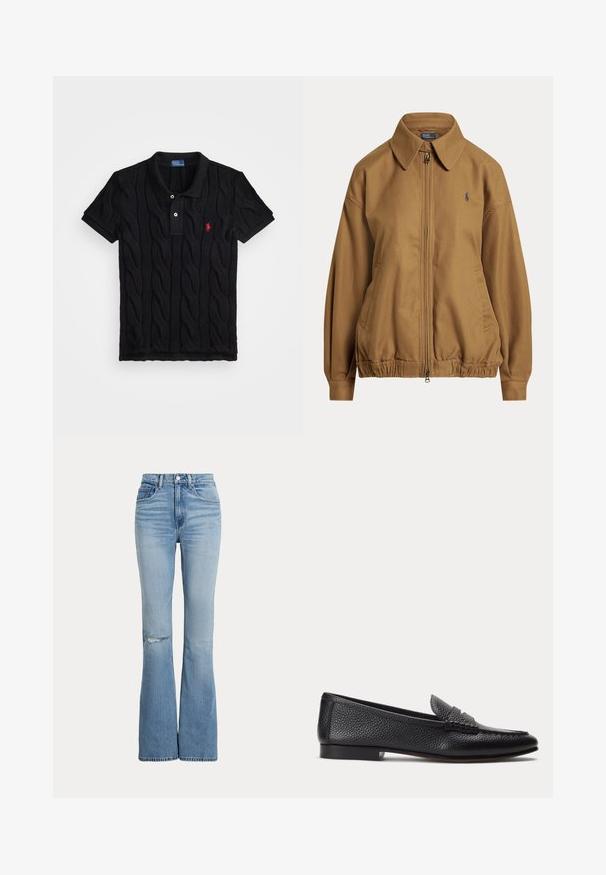 Chaqueta marrón con cremallera, cuello, dobladillo elástico, bolsillos laterales y pequeño logo bordado en el pecho izquierdo.; Polo negro de punto con patrón de trenzado, mangas cortas y un cuello negro en contraste. Presenta tres botones y un detalle del logo en rojo.; Vaqueros acampanados de talle alto de color azul claro con bolsillos delanteros, cierre de botón y cremallera, y un pequeño desgarro en la zona de la rodilla izquierda.; Mocasín negro de cuero texturizado con tacón bajo y detalle clásico de correa para moneda, mostrado de perfil sobre un fondo claro y liso.