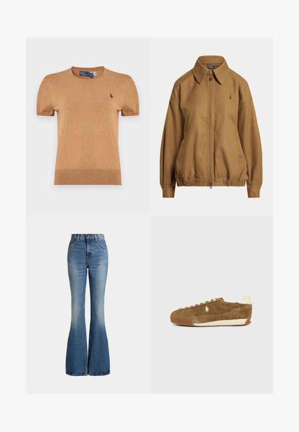 Veste marron zippée avec col, ourlet élastique, poches latérales et petit logo brodé sur le côté gauche de la poitrine.; T-shirt à manches courtes, col rond, de couleur marron clair. Texture tricotée, avec un petit logo bleu sur le côté gauche de la poitrine.; Jean en denim bleu taille haute avec jambes évasées et légère décoloration sur la partie avant des cuisses, présenté sur fond blanc.; Baskets basses en daim marron avec lacets blancs, semelle beige et petit logo blanc de cheval sur le côté.