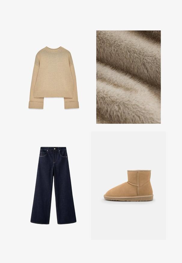 Struktureret kunstpels i bløde beige toner med fine tråde og et blødt udseende, der skaber en varm og hyggelig overflade.; Beige strikket sweater med ribbet rund halsudskæring, manschetter og kant, der har lange ærmer og en let oversized pasform.; Mørkeblå højtaljede jeans med vidde i benene, frontknap, lynlås, to forlommer og en lille møntlomme.; Brun ruskinds ankelstøvle med rund tå og polstret krave, der har kontrastsyninger og en tekstureret gummisål.