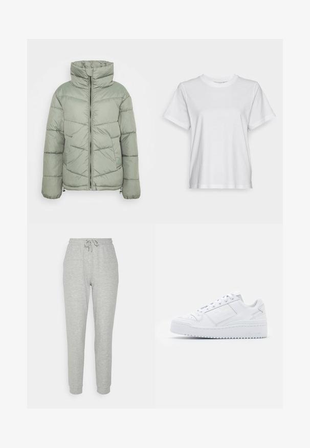 Hellgrüne Pufferjacke mit hohem Kragen, Reißverschluss vorne und horizontalem Steppmuster. Inkludiert verstellbare Kordeln am Saum.; Weißes Baumwoll-T-Shirt mit kurzen Ärmeln, Rundhalsausschnitt und lässigem Schnitt. Glatte Textur, keine Muster oder Grafiken, einfaches Design.; Even&Odd by Zalando Jogginghose - mottled light grey; Weiße Leder-Sneaker mit glatter Textur, runder Zehenpartie, niedrigem Design, Schnürsenkeln und einer Plattformsohle mit dezentem Branding an der Seite.